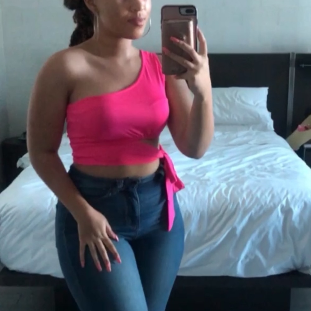Neon Pink One Shoulder CutOut Crop Top with Side Tie